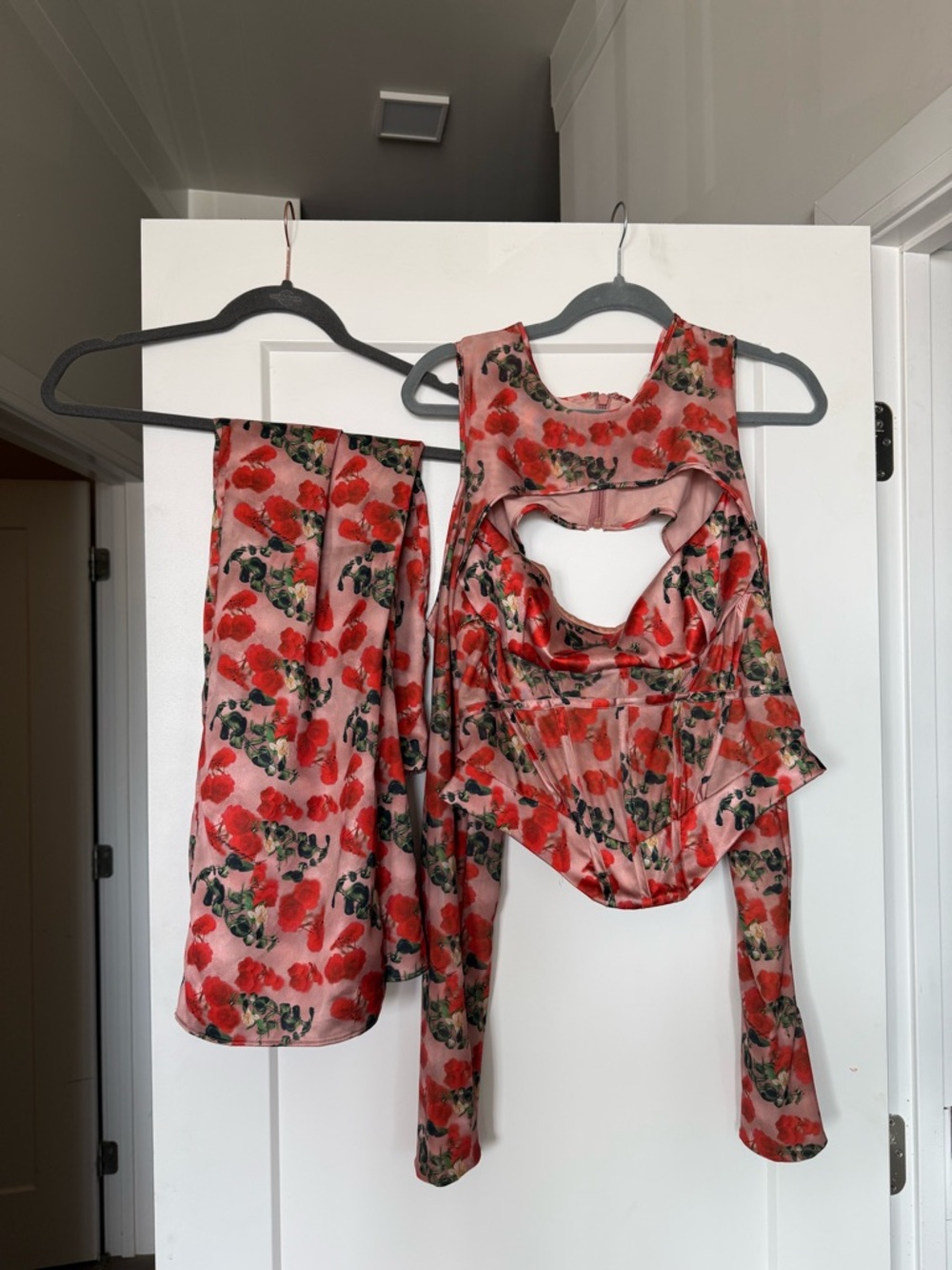 House of CB Pink Mesh Top & Skirt with Red Floral Print